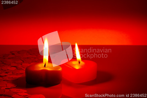 Image of Two burning heart shaped candles
