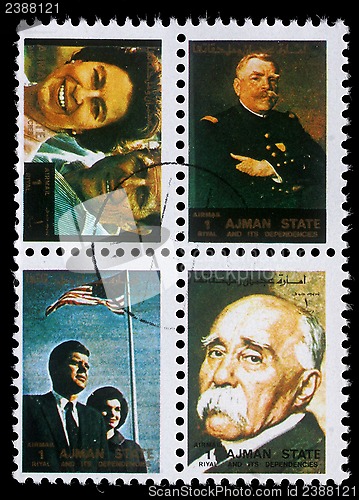 Image of Stamp printed by Ajman shows Queen Elizabeth and Prince Philip Mountbatten, American officer, President Kennedy and Jacqueline Kennedy, Georges Clemenceau