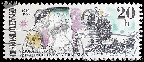 Image of Stamp printed in the Czechoslovakia, dedicated to 30th anniversary of the Fine Arts Academy, Bratislava, shows the Artist and Model, Dove, Bratislava Castle