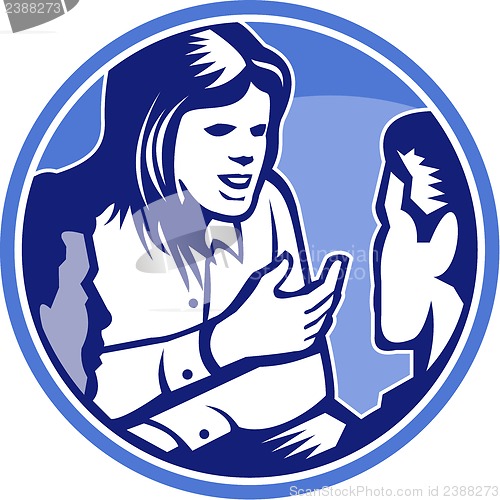 Image of Office Worker Businesswoman Discussion Woodcut