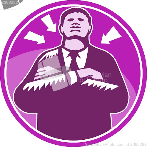 Image of Black Businessman Bouncer Arms Folded Woodcut