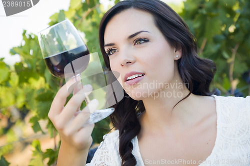 Image of Young Adult Woman Enjoying A Glass of Wine in Vineyard