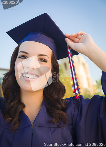 Image of Happy Graduating Mixed Race Woman In Cap and Gown