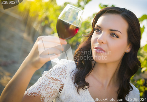 Image of Young Adult Woman Enjoying A Glass of Wine in Vineyard