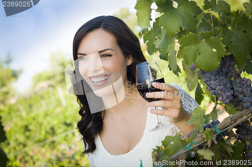 Image of Young Adult Woman Enjoying A Glass of Wine in Vineyard