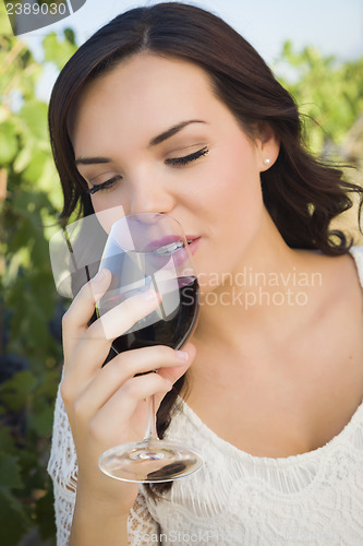 Image of Young Adult Woman Enjoying A Glass of Wine in Vineyard