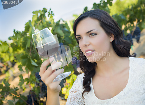 Image of Young Adult Woman Enjoying A Glass of Wine in Vineyard