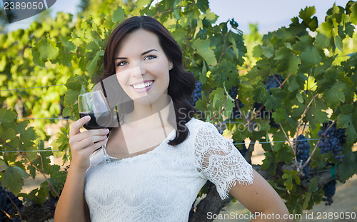 Image of Young Adult Woman Enjoying A Glass of Wine in Vineyard