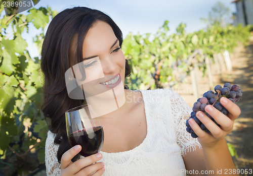 Image of Young Adult Woman Enjoying A Glass of Wine in Vineyard