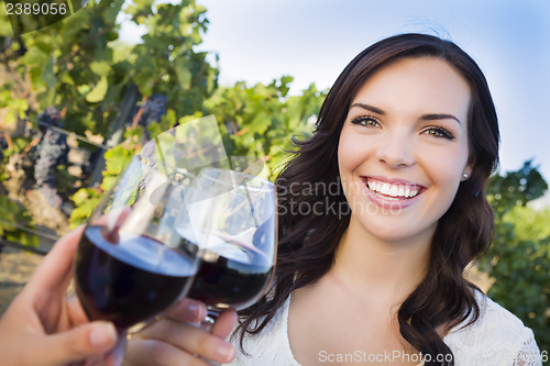 Image of Young Woman Enjoying Glass of Wine in Vineyard With Friends