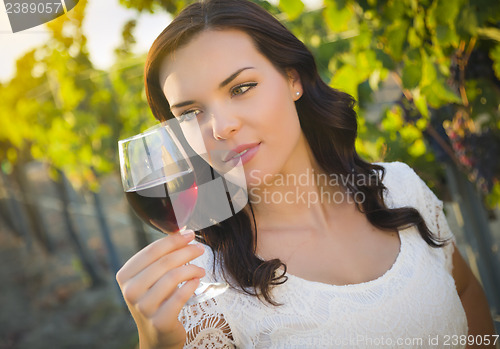 Image of Young Adult Woman Enjoying A Glass of Wine in Vineyard