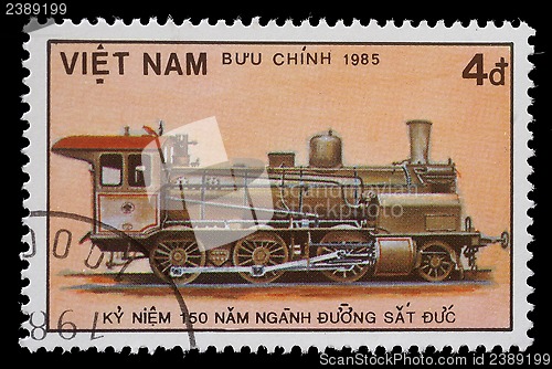 Image of Stamp printed in Vietnam showing steam locomotive