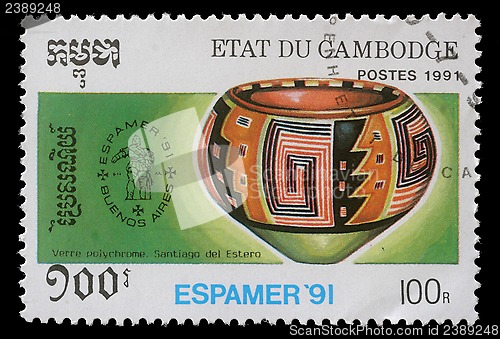 Image of Stamp printed by Cambodia shows Pre-Columbian artefacts