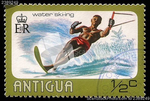 Image of Stamp printed in Antigua shows water skiing