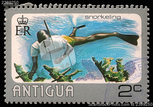 Image of Stamp printed in Antigua shows water snorkeling