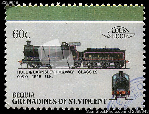 Image of Stamp printed in Grenadines of St. Vincent shows Hull and Barnsley Railway class LS 0-6-0, 1915 U.K.
