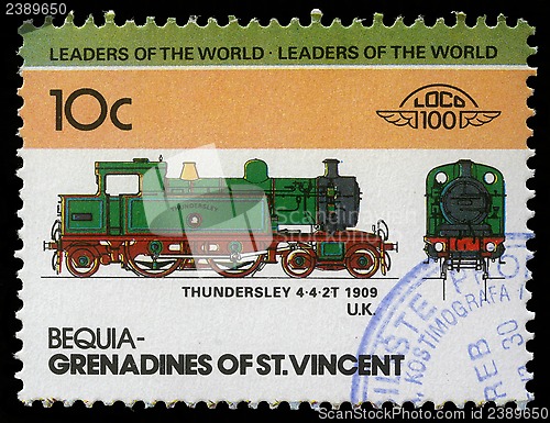 Image of Stamp printed in Grenadines of St. Vincent shows Thundersley Train 4-4-2T, 1909 U.K.