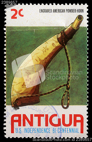 Image of Stamp printed in Antigua shows Powder horn, Bicentenary of American Revolution