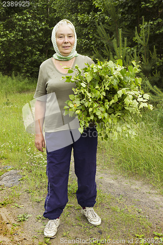 Image of Mature beautiful woman with birch brooms