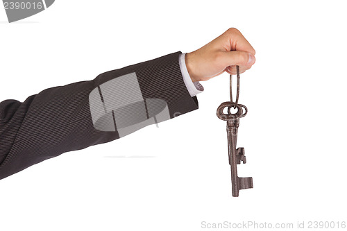 Image of Man in suit giving old keys to a house