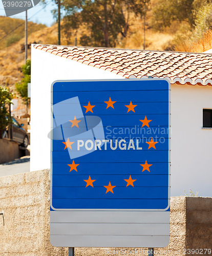 Image of Road sign on the border, Portugal