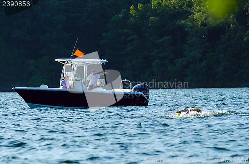 Image of small rescue boat used during swimming competition