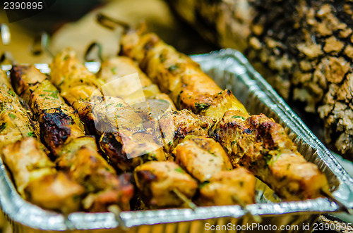 Image of beef kababs in a tin foil container