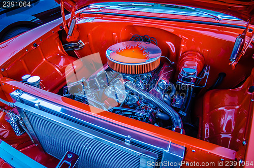 Image of under the hood of a classic muscle car