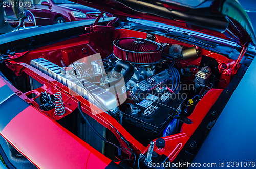 Image of under the hood of a classic muscle car