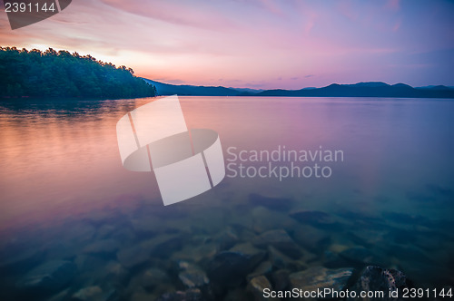 Image of sunset during blue hour at the lake