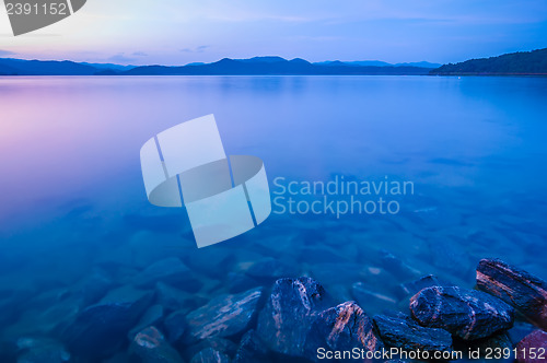 Image of sunset during blue hour at the lake