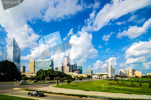 Image of skyline and city streets of charlotte north carolina usa