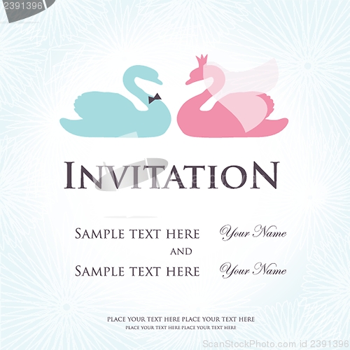 Image of Wedding invitation with two cute swan birds in bride and groom costumes