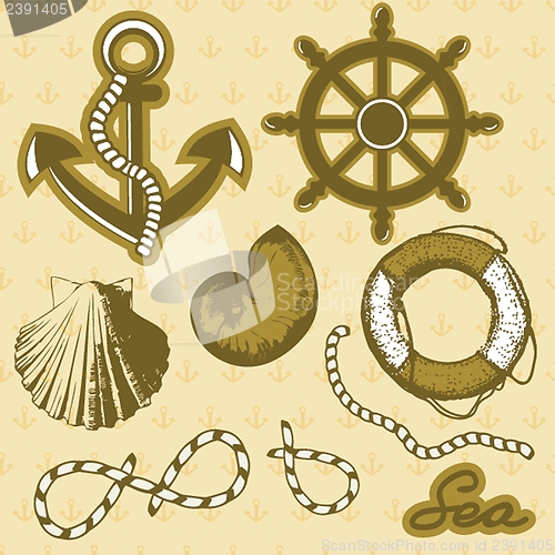 Image of Vintage marine elements set. Includes anchor, rope, wheel, and shells.