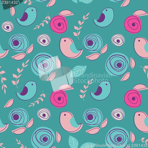 Image of Seamless retro background with cute birds and flowers