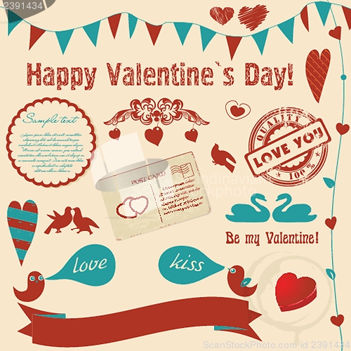 Image of Valentine`s background with retro elements and banners (hearts, birds, frames)