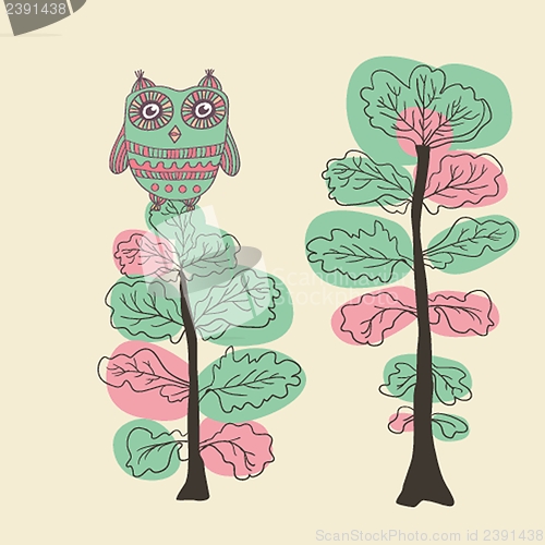 Image of Owl on the tree. Hand drawn vector illustration.