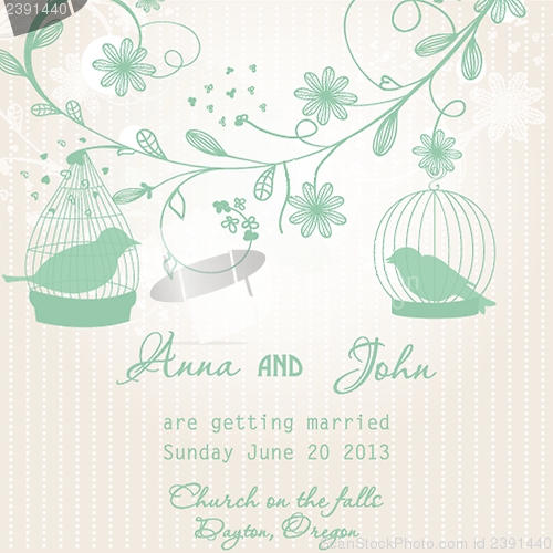 Image of Wedding invitation with two cute birds in cages