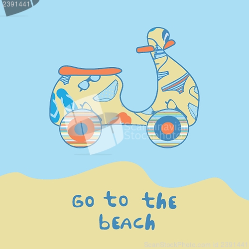 Image of Summer illustration with scooter on the beach side.