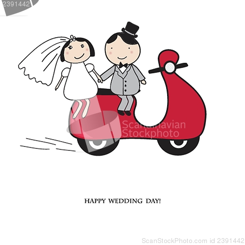 Image of Bride and groom on the red scooter.