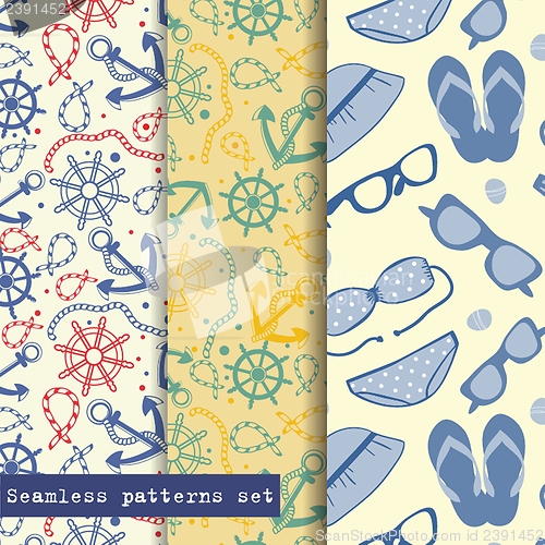 Image of Set of three seamless pattern. Sea and beach theme. Easy editable, vector format.