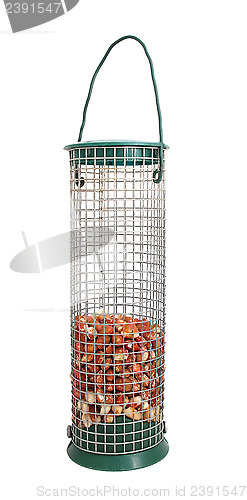Image of Bird feeder half full of peanuts