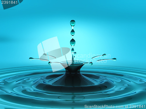 Image of Splashes and drops of blue liquid with splatter