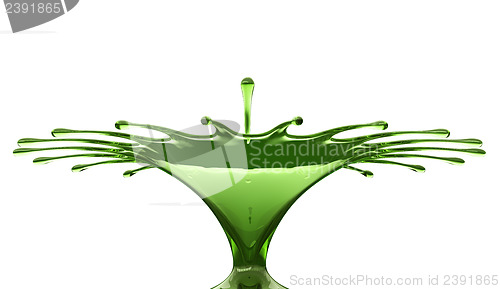 Image of Splash of colorful green liquid with droplets and water crown is
