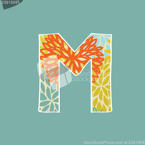 Image of Hand drawn floral letter M isolated on blue background. Vintage vector alphabet