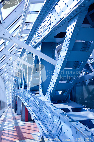 Image of blue old covered bridge