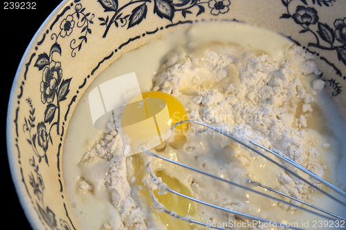 Image of egg, flour, buttermilk and whisk