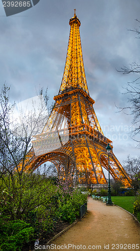 Image of The Eiffel Tower Lit Up At Night From The Champ De Mars Park