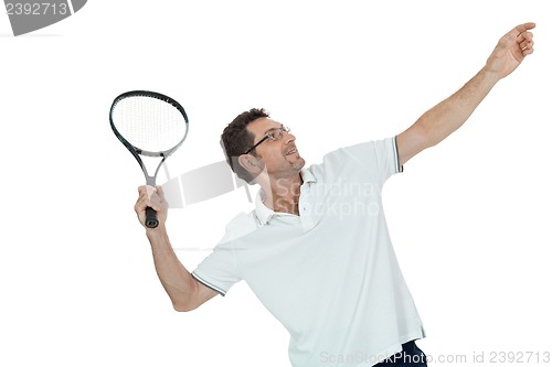 Image of smiling adult tennis player with racket isolated