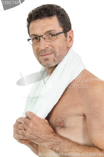 Image of smiling mature sporty man with towel fittness sport health isolated